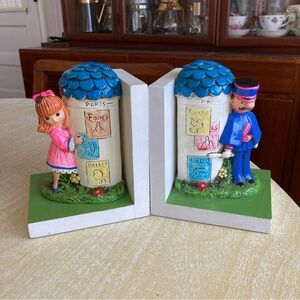 Vintage 1960s Rare Earl Bernard Chalkware Man Girl Paris Theatre Wood Bookends